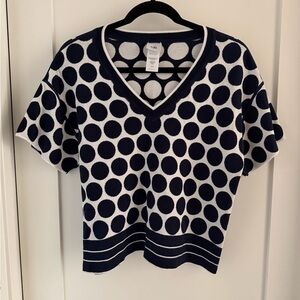 CAbi #5641 Volley Navy and White Polka Dot Sweater